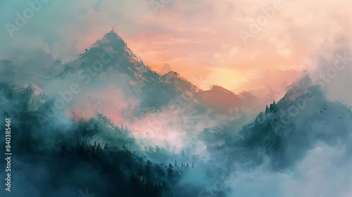 majestic mountain landscape shrouded in ethereal fog at sunrise evoking a sense of serenity and wanderlust digital painting