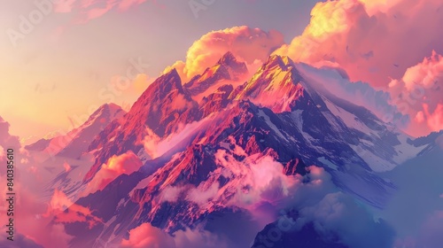 majestic mountain landscape with colorful sky and clouds 2d illustration