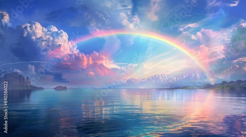 majestic rainbow arches over a tranquil sea creating a breathtaking seascape digital painting