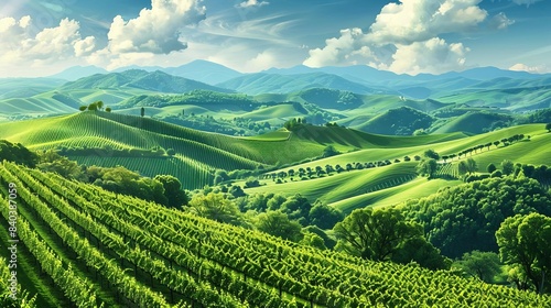majestic vineyards among rolling hills idyllic green mountain landscape panorama cutout photo illustration