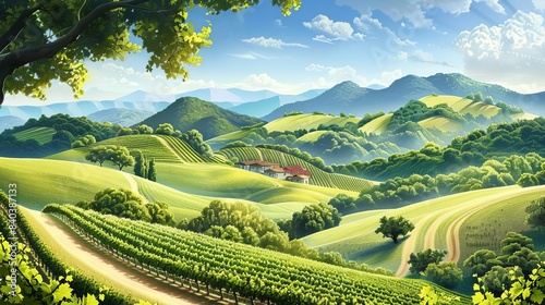 majestic vineyards among rolling hills idyllic green mountain landscape panorama cutout photo illustration