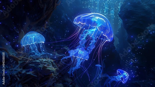 mesmerizing glowing jellyfish underwater bioluminescent deep sea creatures aigenerated digital art