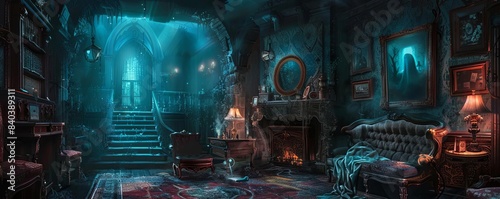 Haunted Victorian living room with eerie blue lights, antique furniture, cobwebs, and haunted paintings creating a spooky ambiance.