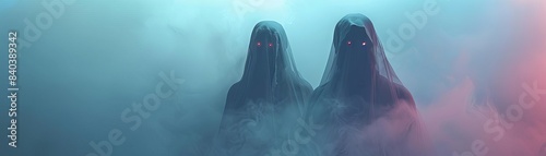 Mysterious figures cloaked in mist, creating an eerie and haunting atmosphere with glowing eyes, perfect for Halloween or horror themes.