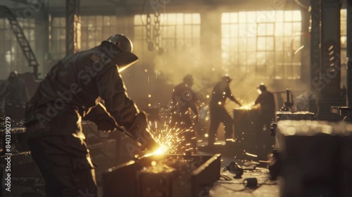 A group of workers in an industrial setting with sparks flying from metalwork