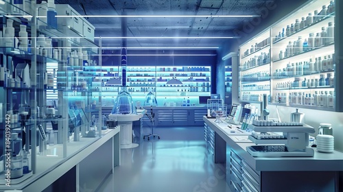 modern pharmaceutical lab with advanced equipment driving groundbreaking medical research and drug development 3d illustration