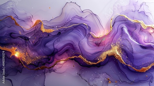 the background is an abstract alcohol ink with a modern luxury wallpaper design in purple and grey the design is embellished with golden elements and has a white copy area.image illustration