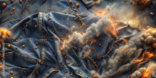 Denim with barbed wire interwoven, smoke and fire effects background texture