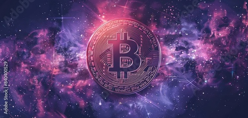 Cryptocurrency Bitcoin symbol in a cosmic nebula background, representing the future of digital currency and blockchain technology.
