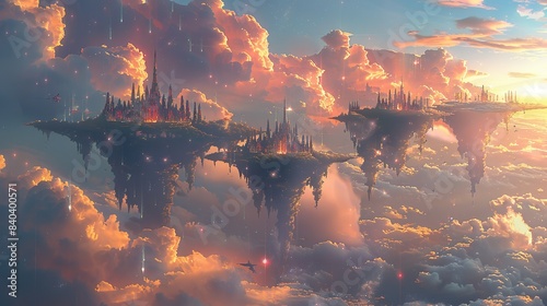 a digital painting depicts floating islands in the sky as part of a fantasy scene.stock illustration