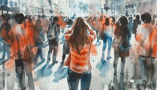 Abstract painting depicts a crowded urban scene with a solitary figure in the center amidst blurred backgrounds and vibrant colors.
