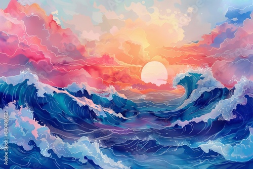Beautiful digital painting of a colorful ocean sunset with vibrant waves, pink clouds, and a warm, glowing sun on the horizon.