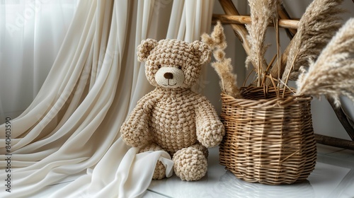  A bear crocheted and resting beside a wicker basket adorned with dried reeds