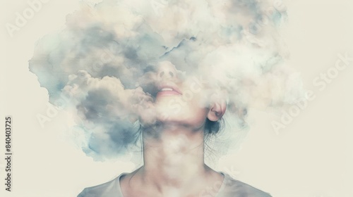Surreal artwork of a person with their head enveloped by clouds, representing imagination, dreams, or mental fog. Conceptual and abstract art.