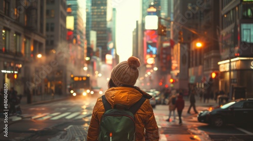 An optimistic traveler explores the bustling city streets with a sense of purpose and excitement, embracing the energy of the urban environment and projecting a dynamic and ambitious mood, with ample