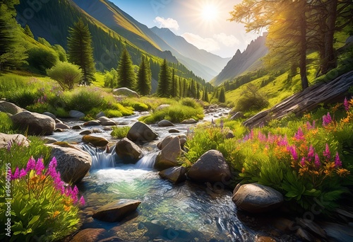 serene mountain valley transparent stream, clear, crystal, peaceful, tranquil, picturesque, remote, isolated, beautiful, calm, wilderness, rocks, trees,