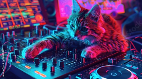 A curious cat is resting on top of a professional DJ controller, surrounded by electronic music equipment