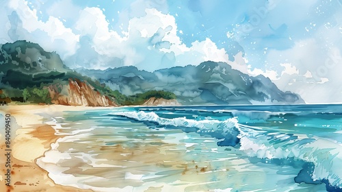 watercolor Amazing watercolor painting of beach. Turquoise waves crashing on the shore with green mountains in the background.