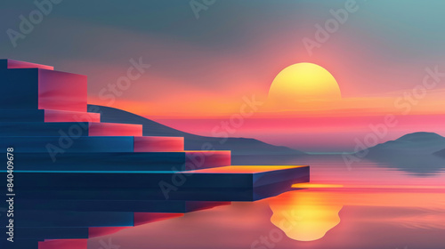 A geometric illustration of a sunrise or sunset scene with simple shapes and a subdued color scheme