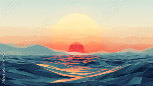 A geometric illustration of a sunrise or sunset scene with simple shapes and a subdued color scheme