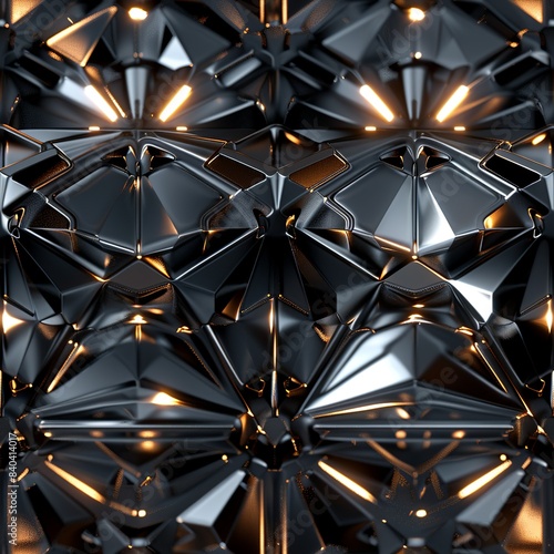 A visually striking 3D rendering of a polyhedron made of reflective metal, with light beams creating a kaleidoscopic effect on its surfaces. Minimal pattern banner wallpaper, simple background,