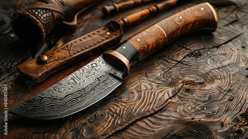 Handmade knife with wooden handle and Damascus steel blades.