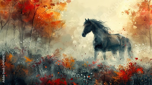 this is a digital illustration of a watercolor horse in a forest.illustration