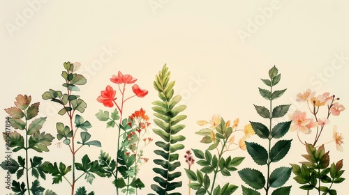 watercolor The image shows a variety of flowers and plants with white background, painted in a watercolor style.