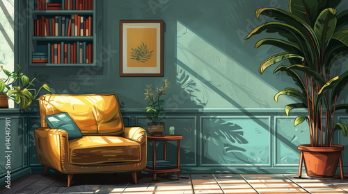 An illustration of a cozy reading nook with a armchair, books, and a potted plant in an understated style