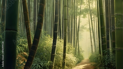 a serene bamboo forest in early morning