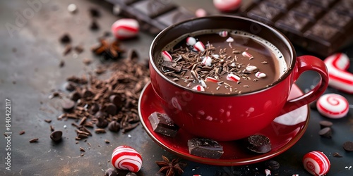 Festive peppermint mocha tea with chocolate shavings and peppermint candies in red cup. Concept Festive Drinks, Peppermint Mocha Tea, Chocolate Shavings, Peppermint Candies, Red Cup
