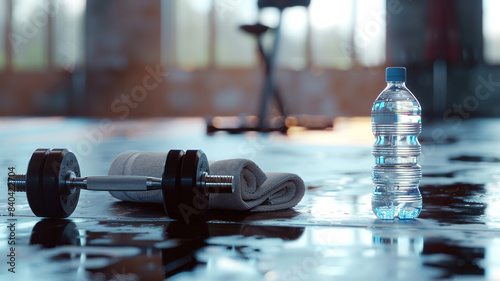 a dumbbell, towel and a bottle of water in the gym.
