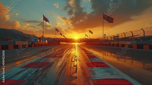 the checkered flags symbols of motor sport are displayed on an empty racetrack during sunrise the concept of motorsport is presented in this picture.image illustration