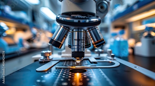 microscope image of scientist analyzing sample in lab.stock image