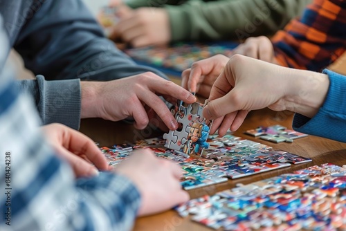 Group of people working on a colorful jigsaw puzzle. Close-up indoor photography. Teamwork and collaborative activity concept for design and print.