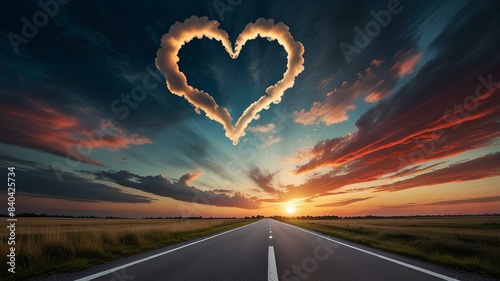 Road leads to heaven, Glowing saint glory covered heart shaped clouds in sky, religion backgrounds, love and save concept..