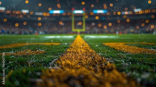 an american football stadium with yellow goal posts grass fields and blurred fans at play flashlights concept outdoot sports football championships games etc.illustration