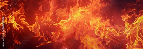 Dynamic flames of a fire on a dark background. Concept of fire, heat, burning, energy. Abstract wallpaper. Copy space. Banner