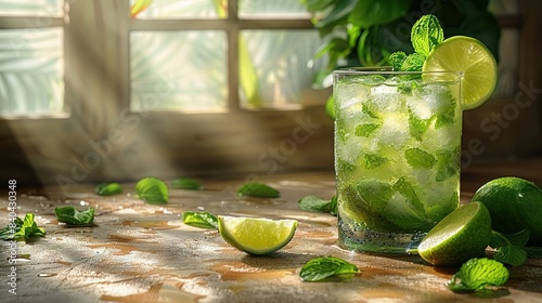  A glass of mojito with limes and mints on a table by a window