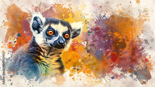 Watercolor art of a lemur with colorful splashes. Concept of animal, wildlife, nature, painting