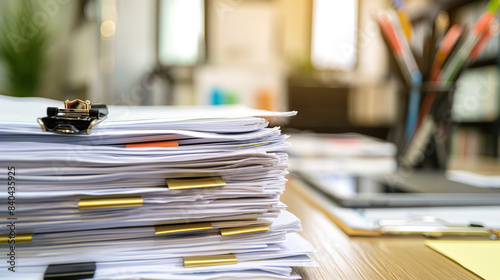Uma pilha de documentos e papéis sobre uma mesa, representando o conceito de papelada, tarefas comerciais ou trabalho administrativo em um ambiente de escritório.