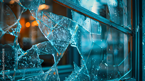 Close up view of vandalized office window with shattered glass concept of vandalism or accident 