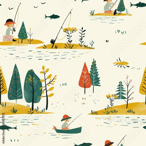 A kindergarten childâ€™s drawing of a family going fishing, with a boat, fishing rods, and a lake surrounded by trees. Minimal pattern banner wallpaper, simple background, Seamless,