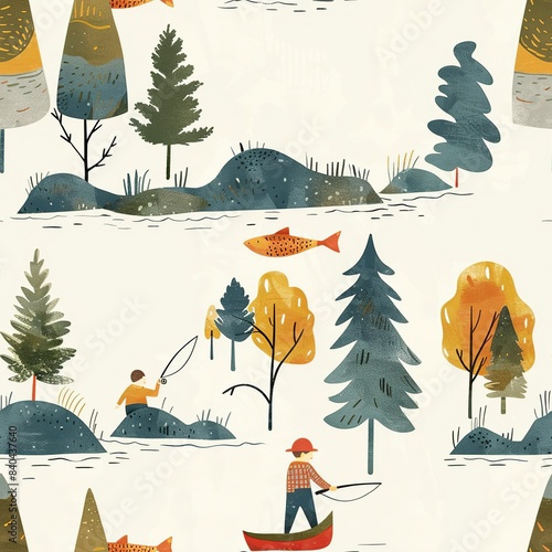 A kindergarten childâ€™s drawing of a family going fishing, with a boat, fishing rods, and a lake surrounded by trees. Minimal pattern banner wallpaper, simple background, Seamless,