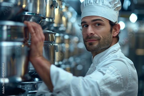  Professional chef monitoring milk pasteurization process in a factory