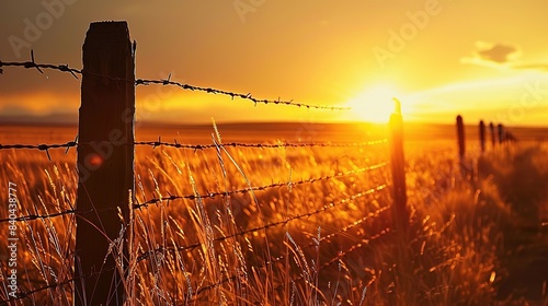 Barbed wire fence. Sunrise or sunset behind a wooden barbed wire fence over natural grassland. Golden hour. Protection concept
