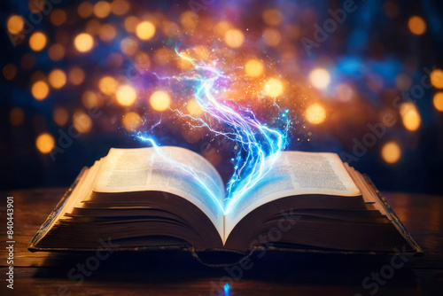 A magical image of an open book surrounded by glowing lights. Fantasy concept, reading, magical worlds, library.
