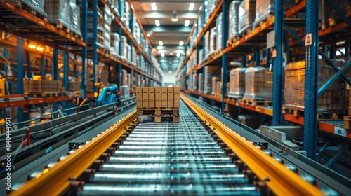 Warehouse with automated sorting systems and robots, illustrating advanced logistics in the industrial sector.