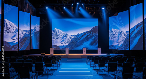 Business Hall Conference Room. Empty Presentation Hall Interior with Large Screen, Stage, and Chairs. Conference or Seminar Large and Luxury Meeting Room.