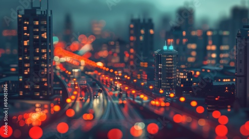 A digital illustration depicting a nighttime cityscape with blurred lights and miniature buildings, creating a sense of depth and scale